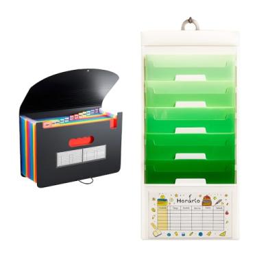 Imagem de Kit Pasta Sanfonada A4 com 12 Divisórias + Organizador de Documentos Pendurável 6 Bolsos Removíveis, Expandível, 36x88 cm, Arquivos, Escritório, Escola, Casa e Organização (Preto e Verde)
