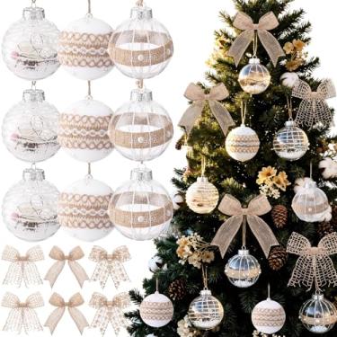 Imagem de Kathfly 21 kits de enfeites de árvore de Natal boêmios rústicos 8 cm, champanhe, casa de fazenda, enfeites de bola de Natal, laços de serapilheira de nó natural, decorações de árvore de Natal para