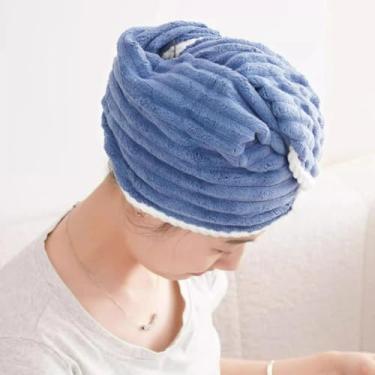 Imagem de 1 peça Touca de secagem de cabelo de lã coral feminina, espessa, super absorvente, envoltório de cabelo, touca de secagem rápida/toalha de secagem de cabelo (azul)