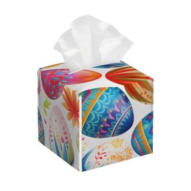 Imagem de Porta-lenços de couro quadrado à prova d'água ovo flor de Páscoa organizador de papel facial colorido com cinto inferior cubo estojo de lenços para mesa banheiro escritório mesa carro decorativo
