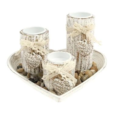 Imagem de KHZSPP Pacote com 5 castiçais Tealight com bandeja em forma de coração e pedras, 3 tamanhos de castiçais de luz de chá de madeira, decoração rústica para mesa central, decorações de sala de estar