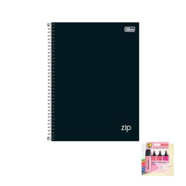 Imagem de Kit Caderno Universitário Capa Dura Zip Preto 10 Matérias 160 Folhas Caneta e Marca Texto
