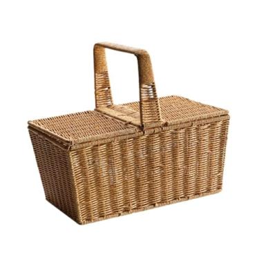 Imagem de Generic Double Cover Picnic Horning Basket Shopping Storage Basket Brown Rústico para sala de estar versátil portátil 39x26x35cm, Cantos Não Arredondados