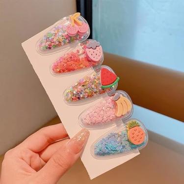Imagem de 5 peças de grampos de cabelo com glitter para meninas, grampos de cabelo transparentes com flores de frutas e animais, acessórios de cabelo para o dia das crianças e festas