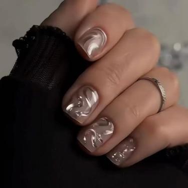 Imagem de Unhas postiças curtas médias quadradas olho de gato com linhas simples Lrregular Desien cobertura completa cola acrílica falsa em unha para mulheres, 24 peças