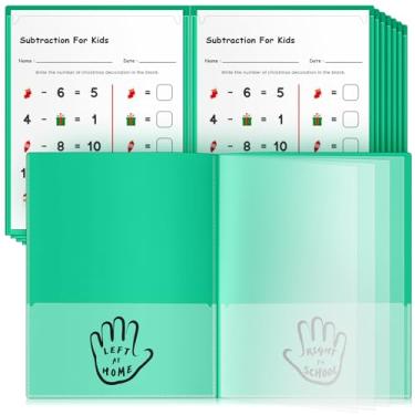 Imagem de Henoyso 12 pastas para levar para casa, organizador de vários bolsos, pastas de arquivo de plástico com oito bolsos para comunicação entre pais e professores, impermeável, 29 x 24 cm (verde)