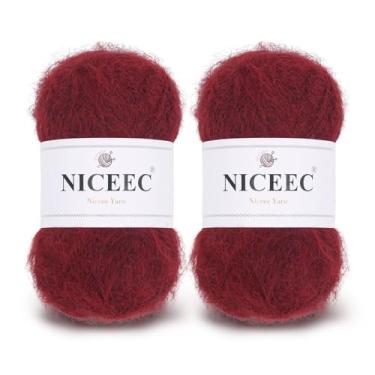 Imagem de NICEEC 2 novelos de fio de mohair de pelo longo, fofo e felpudo, luxuoso e fino, fio de mistura de lã para crochê e tricô, total de 79,9 g/788 m - vermelho