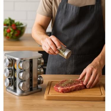 Imagem de Porta Temperos Giratório Inox com 12 Potes de Vidro – Suporte para Condimentos e Especiarias – Organizador de Temperos Cozinha Compacto – Base Giratória 360º – Design Moderno, Vidro Transparente