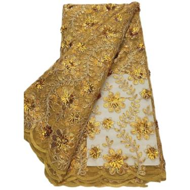 Imagem de Gdsshuhung Tecido de renda africana 5 metros, bordado de lantejoulas 3D em tule com crochê, tecido elegante com glitter para vestidos de noiva, vestidos de festa e projetos de costura de trajes