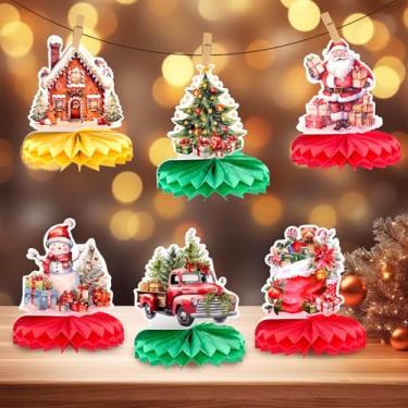 Imagem de Centros de mesa de Natal, 6 peças de cartolina de Natal, conjunto de decoração de centro de favo de mel, decorações de centro de Natal 3D, decoração de mesa de Natal e festa de aniversário
