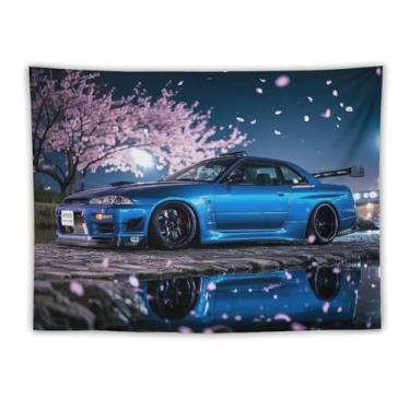 Imagem de HouLaiZhe Tapeçaria de carro Midnight Jdm R32 Flores de cerejeira caindo para pendurar na parede quarto decoração de casa tapeçarias estética piquenique decoração de parede arte de parede para