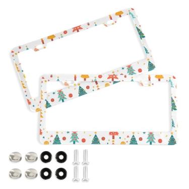 Imagem de Wassud Moldura decorativa de alumínio para placa de carro com árvores coloridas de Natal, 2 unidades, suporte universal para placa de carro para carros padrão dos EUA