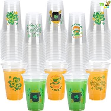 Imagem de JOYIN 72 copos de plástico do Dia de São Patrício de 473 ml, copos descartáveis verdes a granel com 4 padrões de caldeirão de trevo da sorte estilizados para suprimentos de festa de São Patrício,