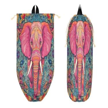 Imagem de xigua Suporte de plástico de elefante étnico suporte de parede com cordão 1 pacote, organizador de sacolas de supermercado reutilizável para bolsas, meias, roupas íntimas e gravatas