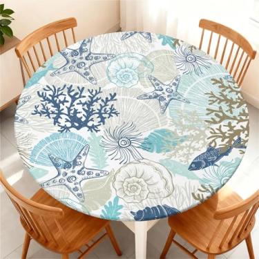 Imagem de Yesad Toalha de mesa redonda com borda elástica para mesa redonda de até 94 a 112 cm, capa de mesa impermeável para acampamento, interior, exterior, férias, verão, estrela do mar