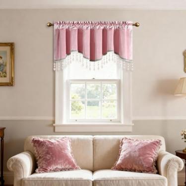 Imagem de Leeva Saia de veludo rosa para janelas, cortina ondulada de cor sólida de luxo com borlas de contas, bolso para varão elegante cobertura de janela para sala de estar e quarto, 132 x 45 centímetros