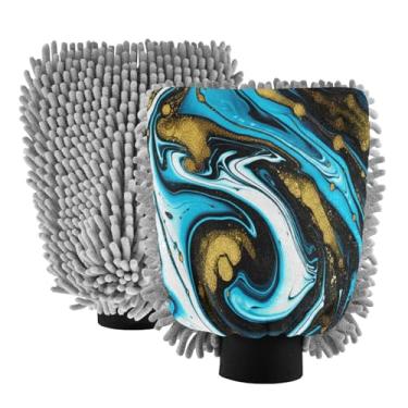 Imagem de STAYTOP Luvas de lavagem de carro com textura de mármore dourado azul, 2 peças, luvas de microfibra de chenille, sem arranhões, panos de esponja de lavagem ultra absorventes para carros, limpeza