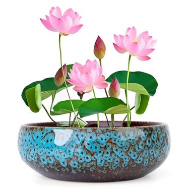 Imagem de ARTKETTY Tigela de lótus - Tigela grande de flor de lótus de 20 cm para plantas aquáticas, tigela de bonsai de cerâmica para plantas hidropônicas, suculentas, ambientes internos e externos