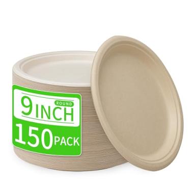 Imagem de FRUTLE Pratos de papel resistentes de 22,8 cm - Placas de papel descartáveis - Placas de papel grandes compostáveis a granel ecologicamente corretas não branqueadas - uso diário Festas configurações comerciais 150 unidades