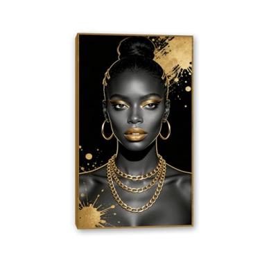 Imagem de Arte de parede em tela feminina dourada preta afro-americana decoração de parede abstrata preta dourada feminina pôster impresso arte para sala de estar quarto decoração de casa 40 x 70 cm (16 x 28