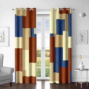 Imagem de Tyrot Cortinas blecaute azul terracota 100% para quarto 213,4 cm de comprimento, conjunto com 2 painéis, moderno, abstrato, geométrico, preto, cortinas isoladas para escurecimento da sala de estar