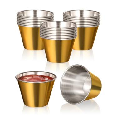 Imagem de Fit Meal Prep Pacote com 24 copos de molho dourados de aço inoxidável de 70 g, ramequins de metal reutilizáveis, tigelas de condimento de grau comercial, copos de porção individual, copo redondo