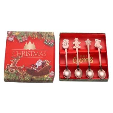 Imagem de Conjunto de colheres de aço inoxidável de Natal Ins Style, 4 peças, pingente criativo de sobremesa, colher de café, conjunto de caixa de presente estilo americano para presente de Natal (prata/ouro