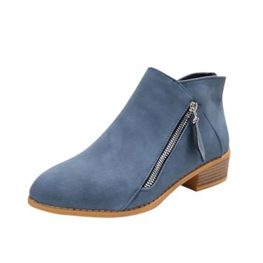 Imagem de Botas femininas com zíper lateral, salto grosso, bico fino, cano baixo, para outono, casual, versátil, estilo legal com salto grosso, Azul royal, 38