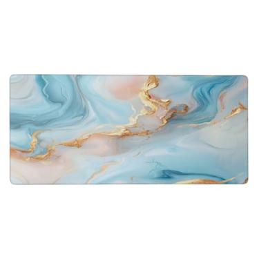Imagem de Tapete de rato azul abstrato mármore grande à prova d'água tapete protetor de mesa estendido para computador tapete de base de borracha antiderrapante para escritório, computador, teclado, laptop e