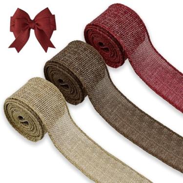 Imagem de 3 rolos de fita xadrez com fio de 9,8 metros para embrulho de presente Rolos de fita de serapilheira de 3 cm para decorações de presente de laço de guirlanda (vermelho, marrom e bege)