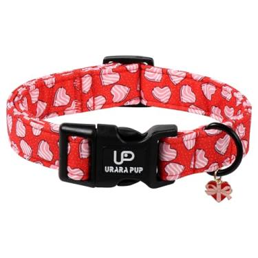 Imagem de Coleira de cachorro dos namorados, coração rosa UP URARA PUP em vermelho, coleira ajustável para animais de estimação com pingente de laço, acessórios de casamento para cães pequenos, médios e grandes