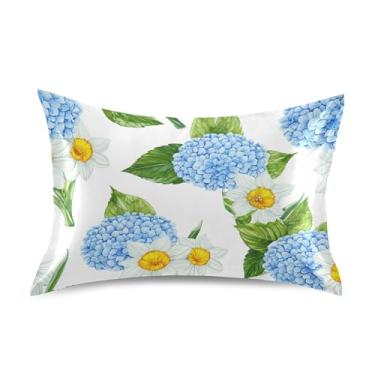 Imagem de Fronhas refrescantes impressão arte azul hortênsias branco cetim gráfico padrão queen king fronha cama fronha macia king size 101,6 cm x 50,8 cm