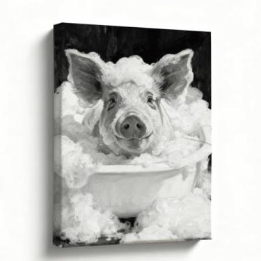 Imagem de Arte de parede de banheiro, tela de porco fofo em bolhas, impressão de pintura a óleo animal preto e branco, decoração de banheiro rústica para banheiro de hóspedes e lavabo, pronto para pendurar, 20
