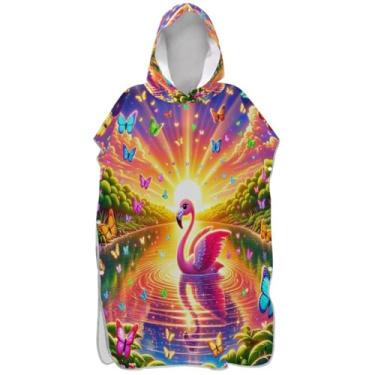 Imagem de Joisal Poncho de surf absorvente para adultos trocador com capuz toalha de natação bonito desenho animado flamingo pôr do sol poncho masculino com capuz