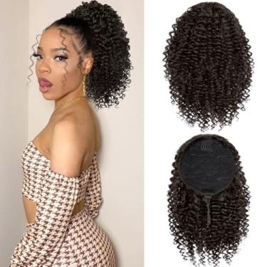 Imagem de Rabo de cavalo encaracolado curto para mulheres negras rabo de cavalo encaracolado com pontas castanhas médias 25,4 cm com dois clipes, rabo de cavalo sintético com cordão afro para