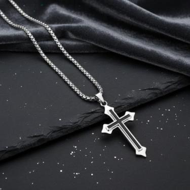 Imagem de Colares de cruz para homens: Colar com pingente de fé de aço de titânio cruz de zircônia cúbica simples com corrente de trigo presentes para mulheres