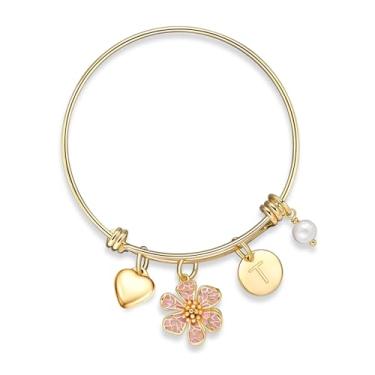 Imagem de Pulseira feminina banhada a ouro 14 quilates com inicial e pingente de pérola com 26 letras linda flor rosa coração pérola pingente de aço inoxidável personalizado joias femininas presentes de