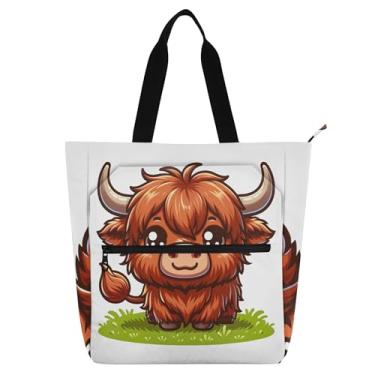 Imagem de Sacola feminina de desenho animado Highland Cattle para trabalho, lona, praia, livro, com zíper, bolsas femininas, infantis, presentes para amantes de livros