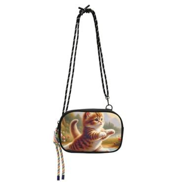 Imagem de Bolsa feminina tiracolo pequena e fofa com estampa de gato gatinho para celular carteira bolsa moderna bolsas de ombro