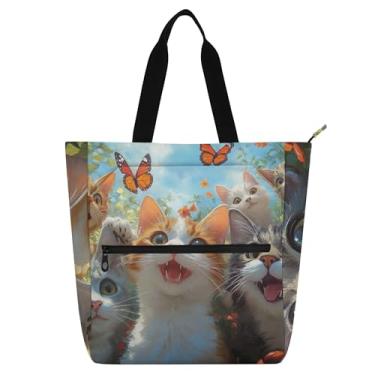 Imagem de GAIGEO Sacolas femininas com estampa de gatinhos fofos para trabalho, lona, escola, com zíper, bolsas reutilizáveis para amantes de livros