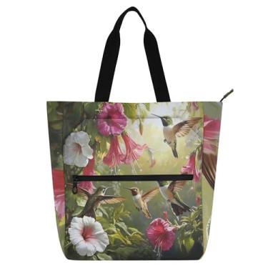 Imagem de Bolsa feminina para trabalho e jardim com flores rosa beija-flores, bolsas de tecido para faculdade, escola, com compartimentos