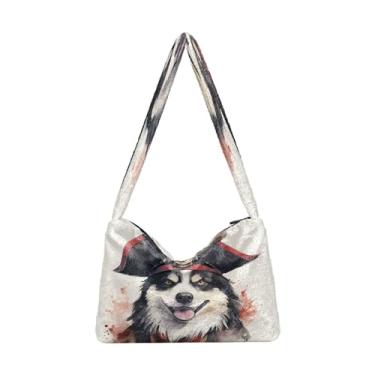Imagem de GAIGEO Bolsa de ombro Sea Life with Sailboats, bolsa de ombro média para mulheres, bolsa feminina para uso ao ar livre, Lindo cachorro Husky usando um chapéu de pirata - 4, One Size