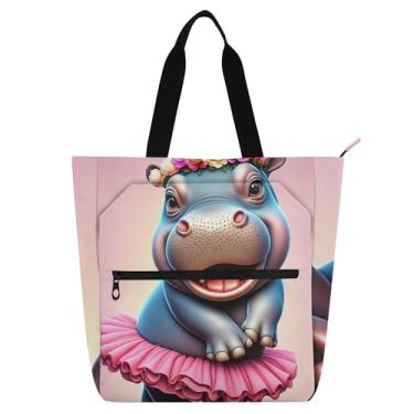 Imagem de GAIGEO Linda sacola de trabalho com flor rosa hipopótamo para mulheres, lona, praia, escola, bolsas infantis, fofas, para amantes de livros