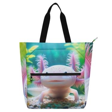 Imagem de Axolotl Bolsa de trabalho de animais fofos para mulheres, bolsa de lona para livros de praia com zíper, bolsas de tecido, presente para amantes de livros