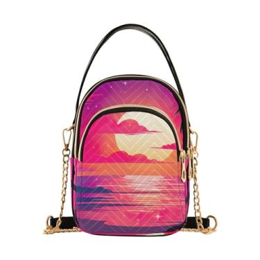 Imagem de Bolsa de ombro feminina tropical, pôr do sol com vegetação, bolsa tiracolo com três zíperes para mulheres, Praia tropical pôr do sol com vegetação - 2, One Size
