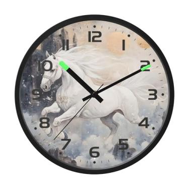 Imagem de SEHANY Relógio de parede artístico majestoso cavalos silencioso, sem tique-taque, relógio redondo operado por bateria, controle de som, luz noturna, relógios de parede para sala de estar, cozinha