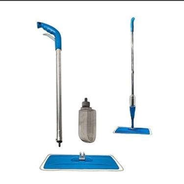 Imagem de Mop Spray com Reservatório, Vassoura Plana com Microfibra, Base Giratória, Azul e Prata