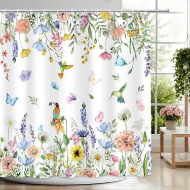 Imagem de APROPHIC Cortinas de chuveiro de borboleta floral beija-flor para banheiro, decoração de banheiro, aquarela, flor, cortina de chuveiro de tecido impermeável com 12 ganchos, cortina de banheira 182 x