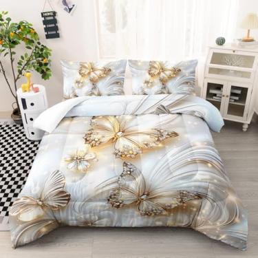 Imagem de AILONEN Conjunto de edredom casal de borboleta de diamante - edredom floral branco 3D + 2 fronhas - jogo de cama brilhante com tema animal 3D para meninas e mulheres
