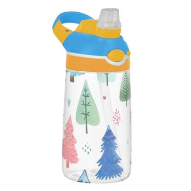 Imagem de Garrafa de água infantil Tritan de 473 ml, à prova de vazamento, garrafa de água de plástico de 473 ml com canudo copo infantil reutilizável portátil, alça de transporte, árvores de Natal inverno